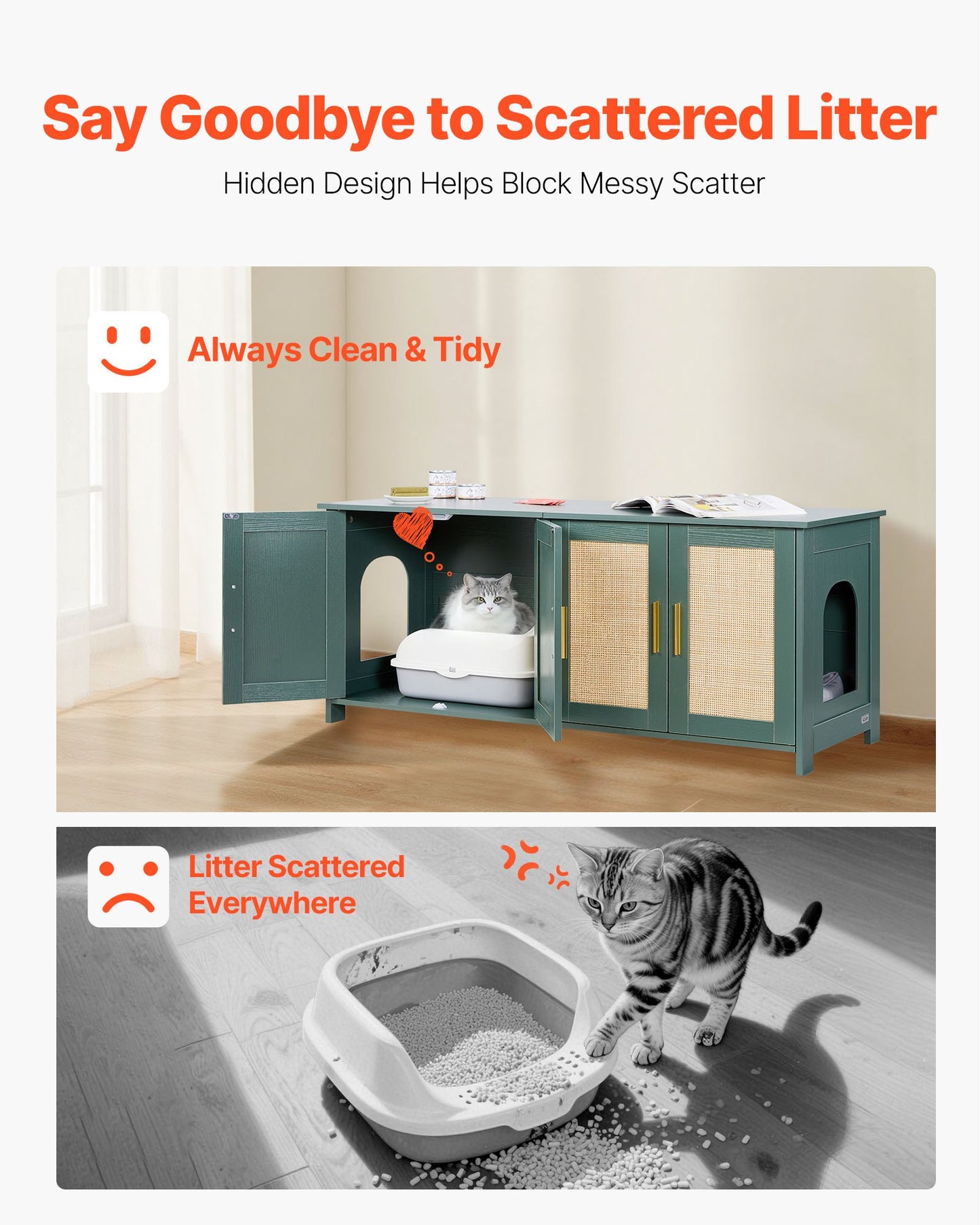 Kattlåda för flera katter, 120 cm dold kattlåda med 4 rottingdörrar och 2 ingångar, inomhuskattrum, kattmöbler i trä, passar de flesta kattlådor, grön