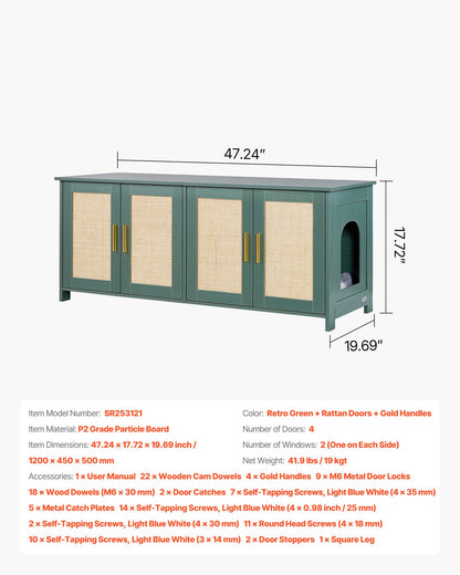 Kattlåda för flera katter, 120 cm dold kattlåda med 4 rottingdörrar och 2 ingångar, inomhuskattrum, kattmöbler i trä, passar de flesta kattlådor, grön