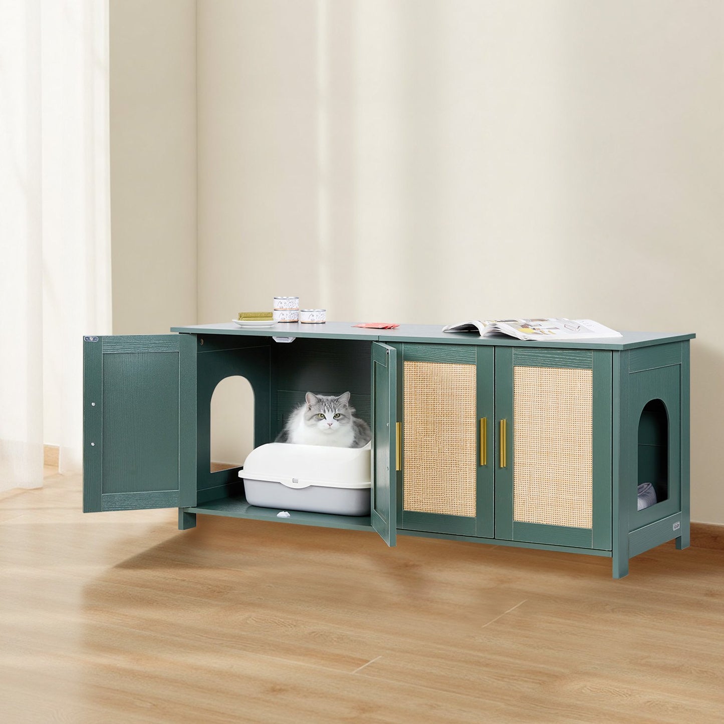 Kattlåda för flera katter, 120 cm dold kattlåda med 4 rottingdörrar och 2 ingångar, inomhuskattrum, kattmöbler i trä, passar de flesta kattlådor, grön
