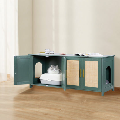 Kattlåda för flera katter, 120 cm dold kattlåda med 4 rottingdörrar och 2 ingångar, inomhuskattrum, kattmöbler i trä, passar de flesta kattlådor, grön