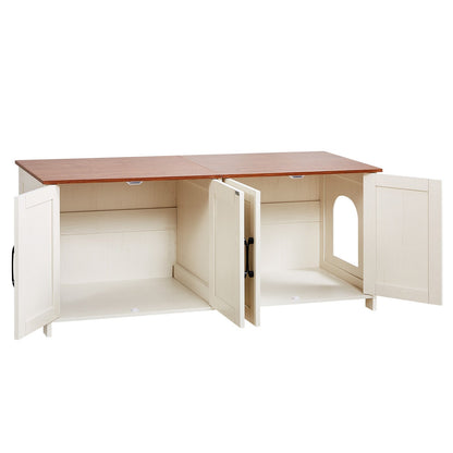 Kattlåda för flera katter, 120 cm dold kattlåda med 4 dörrar och 2 ingångar, inomhuskattrum, kattmöbler i trä, passar de flesta kattlådor, brun och vit