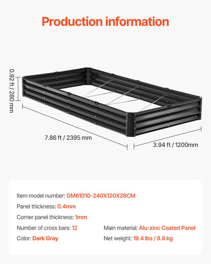 Upphöjd trädgårdsbädd i metall, 8 x 4 x 1 ft utomhusgalvaniserad planteringslåda, med öppen botten, stor upphöjd planteringsbädd för trädgårdsskötsel av grönsaker, blommor, örter och suckulenter, mörkgrå