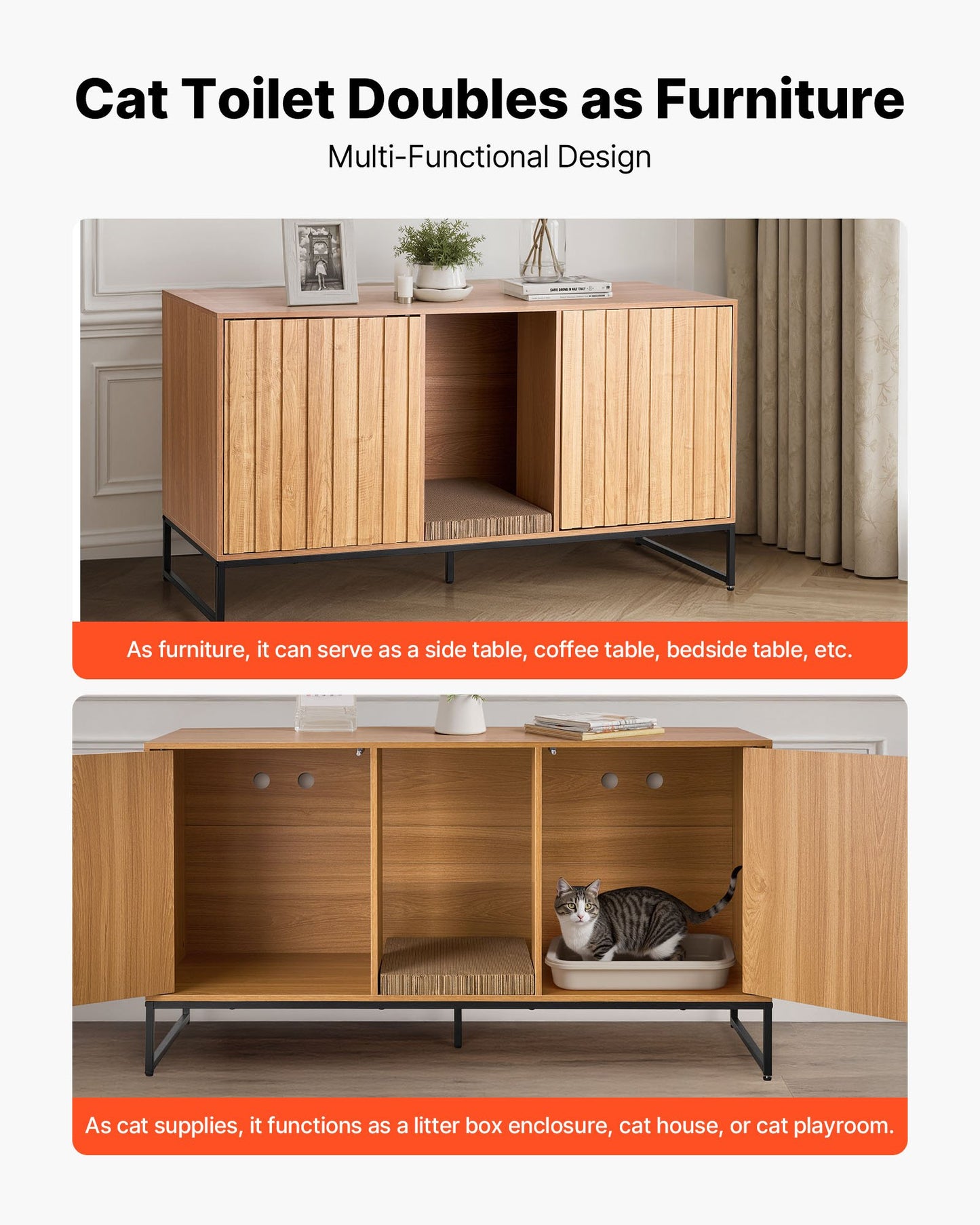 Kattlåda, 120 cm dold kattlåda med klösplatta och förvaring, vattentät sidobord för katttoalett, passar de flesta av kattlådans möbler, för sovrum och vardagsrum