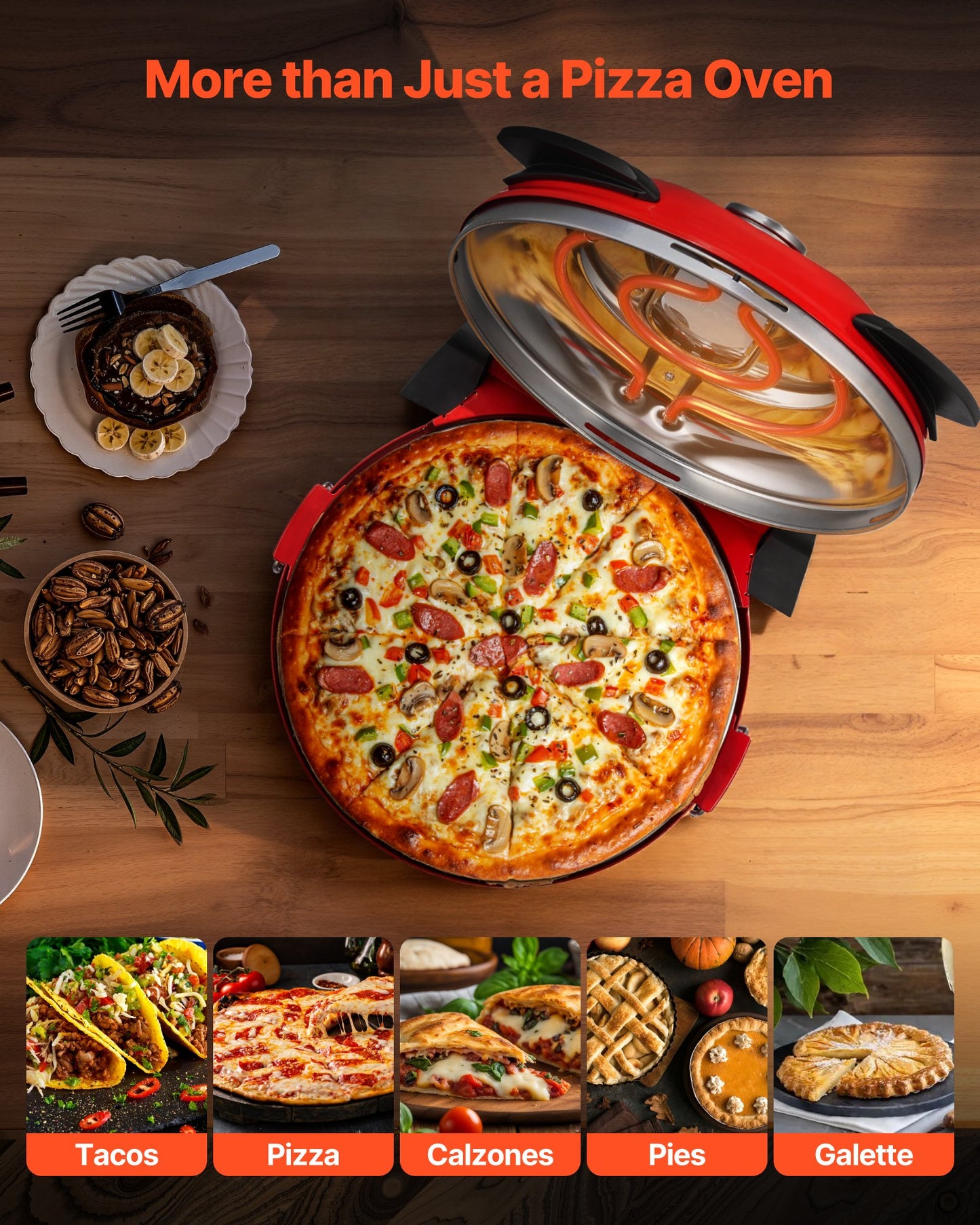 Pizzaugn, 304,8 mm elektrisk pizzamaskin, 1200W elektrisk pizzaugn med kordieritsten, 5-läges temperaturkontroll, visningsfönster för exakt tillagning, värmer upp till 420 ℃, för hemmet (röd)