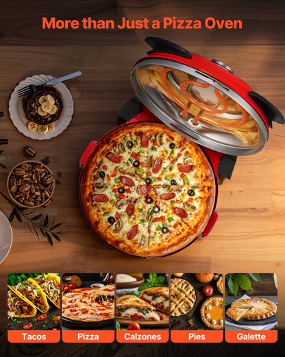 Pizzaugn, 304,8 mm elektrisk pizzamaskin, 1200W elektrisk pizzaugn med kordieritsten, 5-läges temperaturkontroll, visningsfönster för exakt tillagning, värmer upp till 420 ℃, för hemmet (röd)