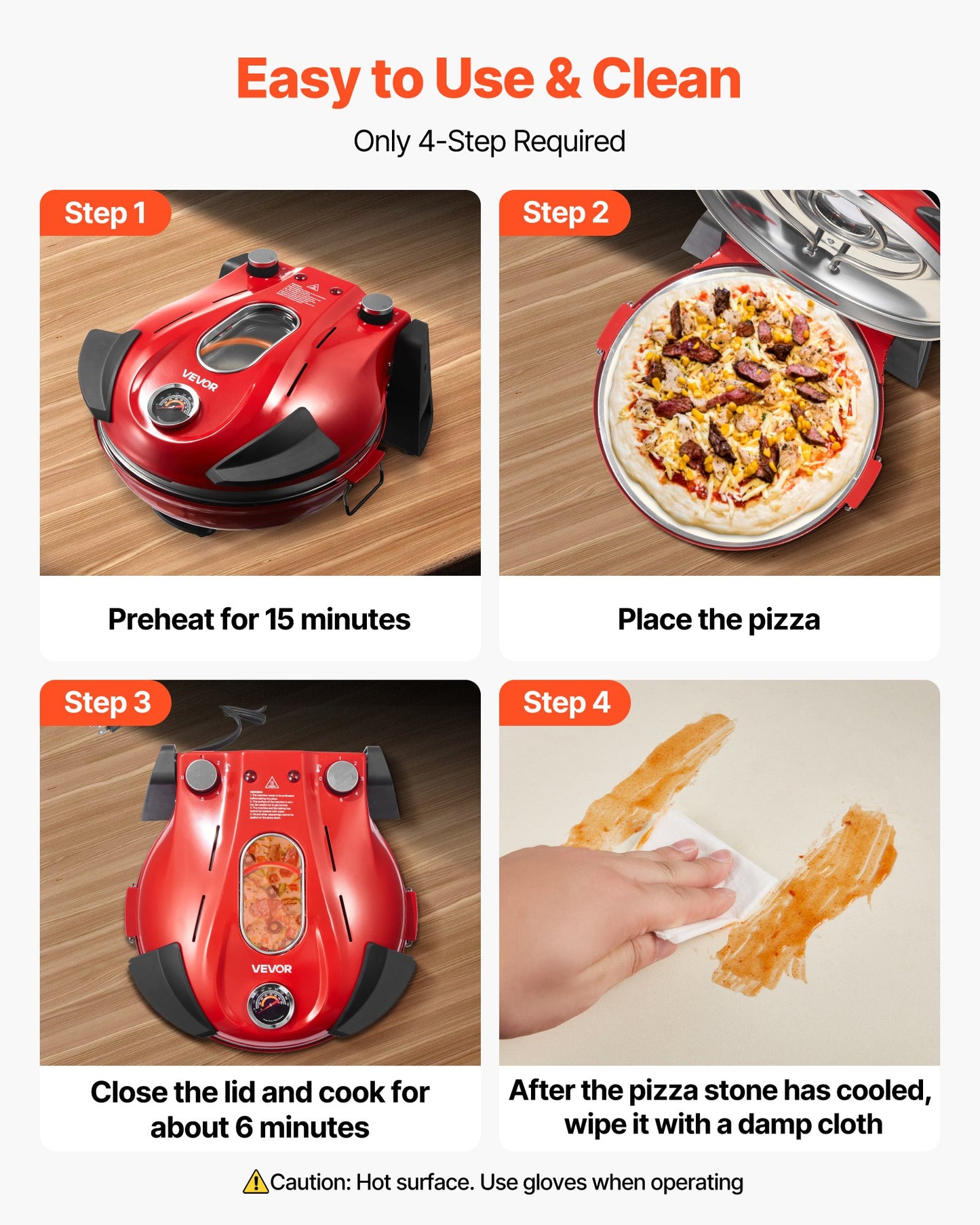 Pizzaugn, 304,8 mm elektrisk pizzamaskin, 1200W elektrisk pizzaugn med kordieritsten, 5-läges temperaturkontroll, visningsfönster för exakt tillagning, värmer upp till 420 ℃, för hemmet (röd)