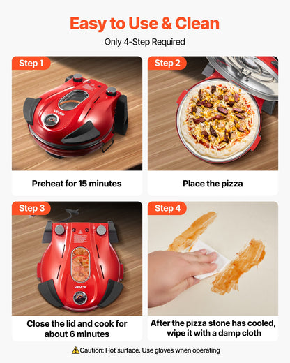 Pizzaugn, 304,8 mm elektrisk pizzamaskin, 1200W elektrisk pizzaugn med kordieritsten, 5-läges temperaturkontroll, visningsfönster för exakt tillagning, värmer upp till 420 ℃, för hemmet (röd)
