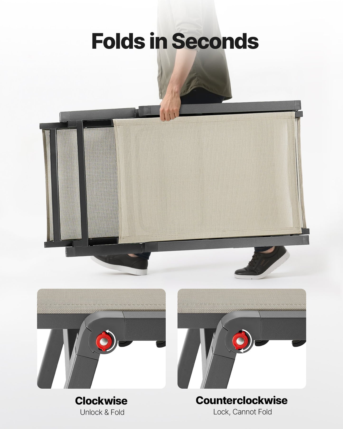 Schäslongstol för utomhusbruk, 181 kg viktkapacitet, hopfällbar solstol, 5 justerbara lägen, enkel montering, kraftiga poolfåtöljer i aluminium, för strandgård, uteplats