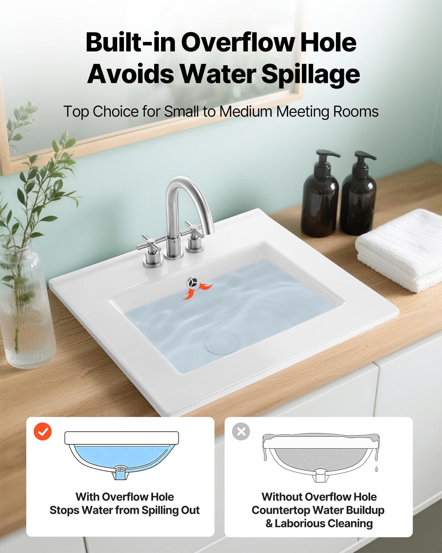 Halvt infällt handfat, 510 x 465 mm rektangulärt vitt keramiskt handfat med bräddavlopp och 3 kranhål, nedsänkbart modernt toalettbord, badkar, tvättställ, rektangulärt för små utrymmen