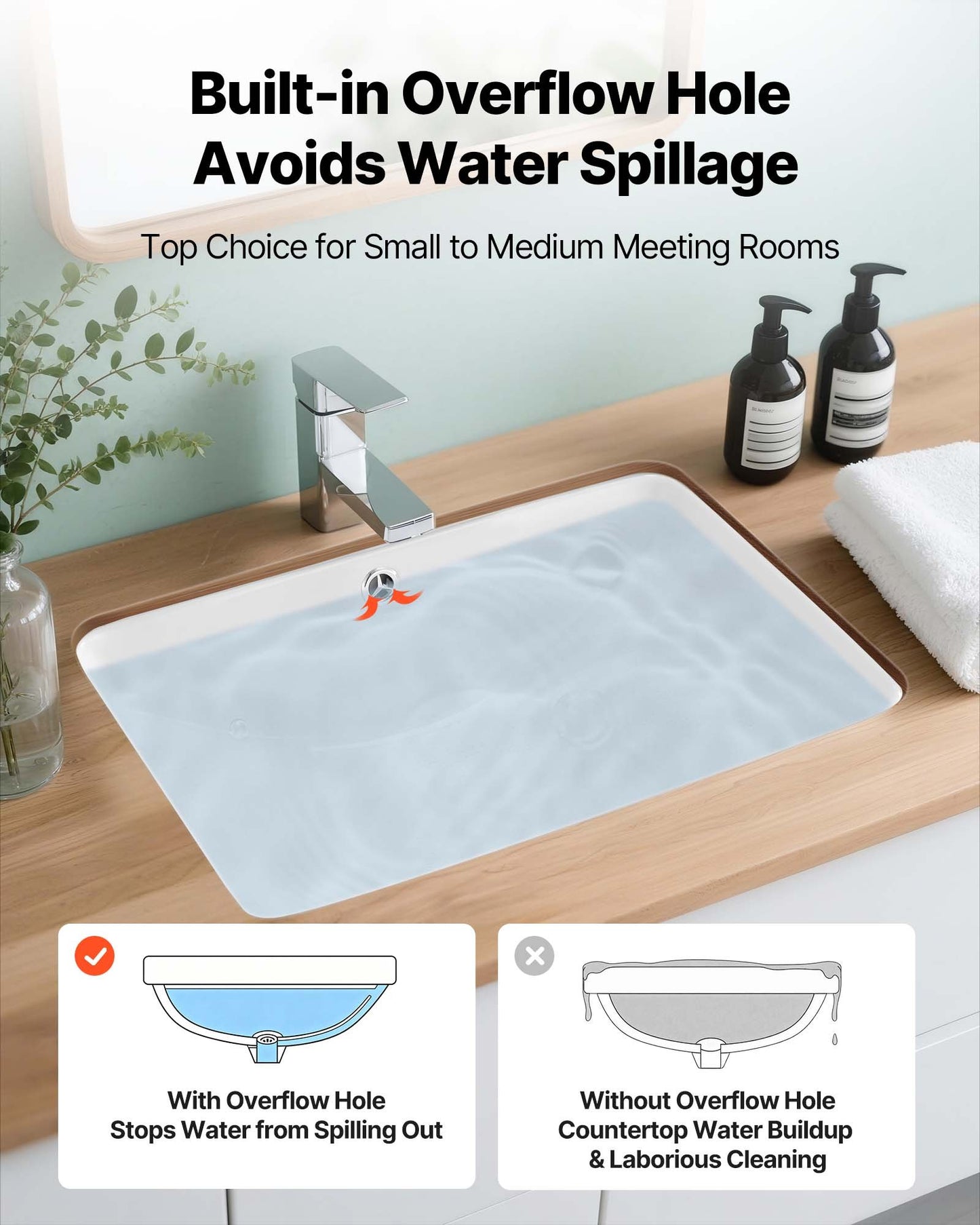 Undermonterat handfat, 530 x 375 mm rektangulärt vitt keramikhandfat med överfyllning, nedsänkbart under bänkskiva, modernt toalettställ/badkar, rektangulärt för små utrymmen