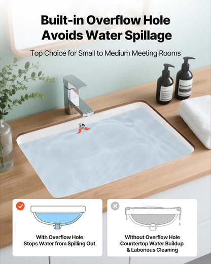 Undermonterat handfat, 530 x 375 mm rektangulärt vitt keramikhandfat med överfyllning, nedsänkbart under bänkskiva, modernt toalettställ/badkar, rektangulärt för små utrymmen