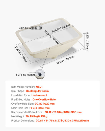 Undermonterat handfat, 530 x 375 mm rektangulärt vitt keramikhandfat med överfyllning, nedsänkbart under bänkskiva, modernt toalettställ/badkar, rektangulärt för små utrymmen