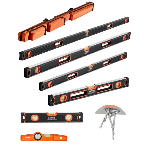 6-delat torpedvattenpass, 78/48/32/24/16/10 tums magnetiska vattenpass-set, bubbelampuller för 45/90/180 grader, magnetisk vattenpassverktyg i aluminiumlegering, stöttålig, SAE- och metrisk skala