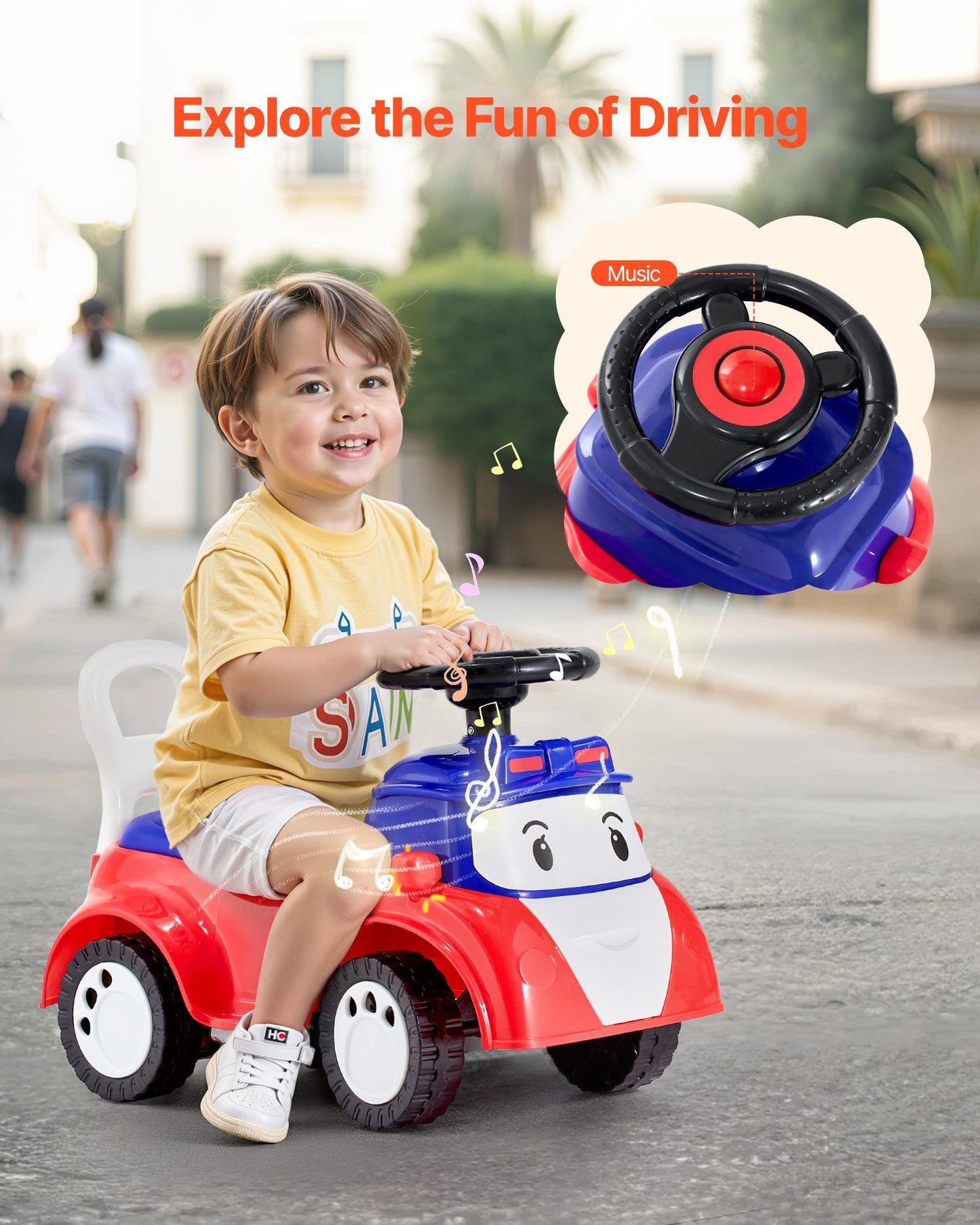 Åkbil för småbarn, skjutbil för småbarn 19 till 36 månader, åkleksak med musik och förvaring under sätet, 25 kg lastkapacitet, gåstol från fot till golv för småbarn pojkar flickor, röd