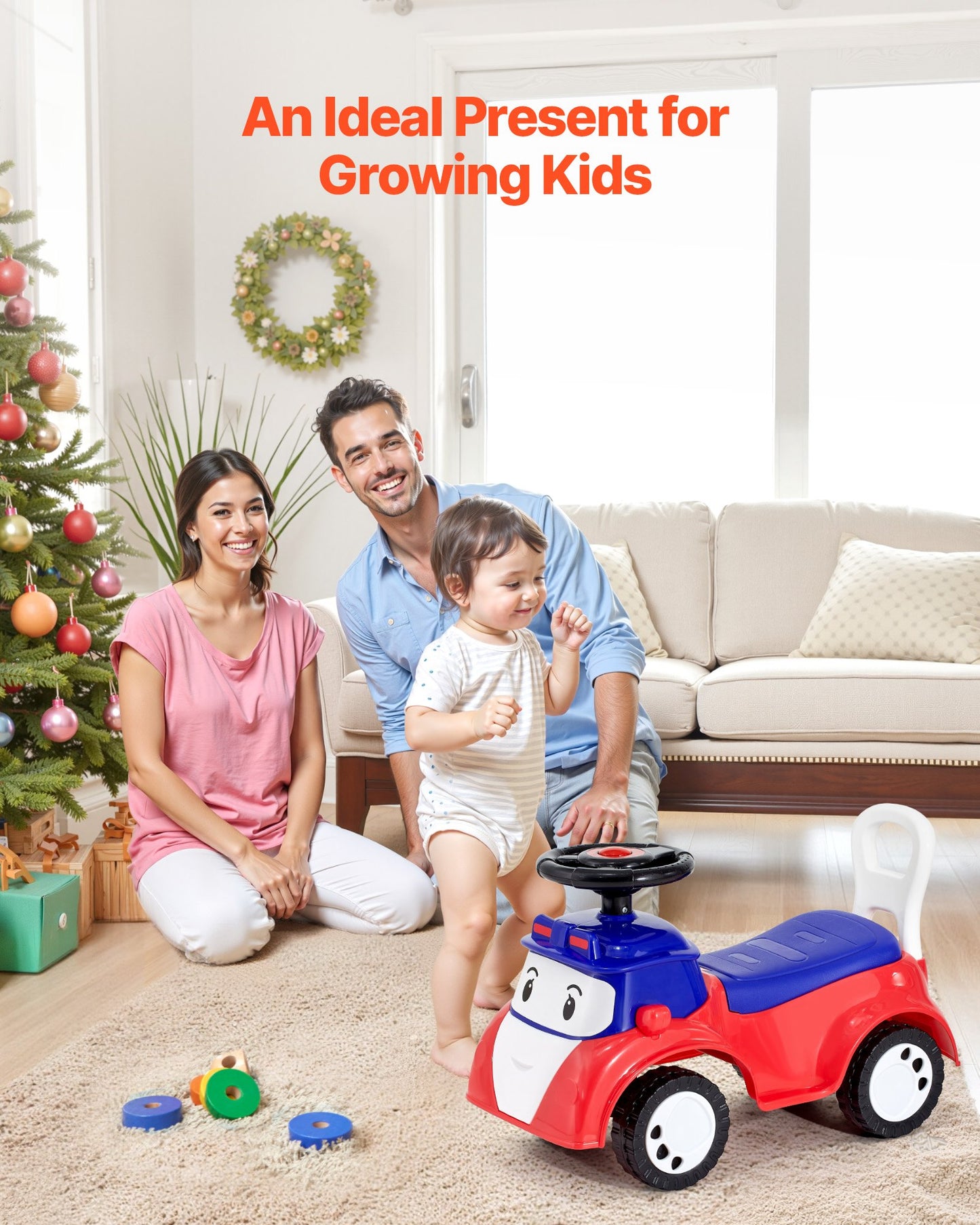 Åkbil för småbarn, skjutbil för småbarn 19 till 36 månader, åkleksak med musik och förvaring under sätet, 25 kg lastkapacitet, gåstol från fot till golv för småbarn pojkar flickor, röd