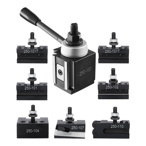 Snabbväxlingsverktygsstolpe, 8 delar, inkluderar svarvhållare, kilformad verktygsstolpe med tillbehör till svarvverktygshållare, passar för minisvarv och metallsvarv 152–305 mm (6"–12") sväng, hållbart stålmaterial