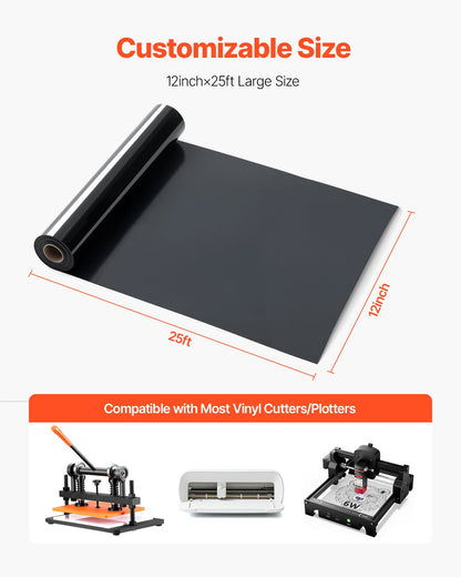 Värmeöverföringsvinyl, 304,8 x 7260 mm, blank svart HTV-strykvinylrulle, lätt att skära och stryka bort, stark vidhäftning, kompatibel med skärmaskiner, för olika material, t-shirts, kuddar, hattar