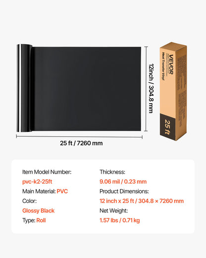 Värmeöverföringsvinyl, 304,8 x 7260 mm, blank svart HTV-strykvinylrulle, lätt att skära och stryka bort, stark vidhäftning, kompatibel med skärmaskiner, för olika material, t-shirts, kuddar, hattar