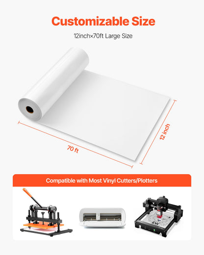 Värmeöverföringsvinyl, 304,8 x 21 336 mm, blank vit HTV-strykvinylrulle, lätt att skära och rensa bort, stark vidhäftning, kompatibel med skärmaskiner, för olika material, t-shirts, kuddar, hattar
