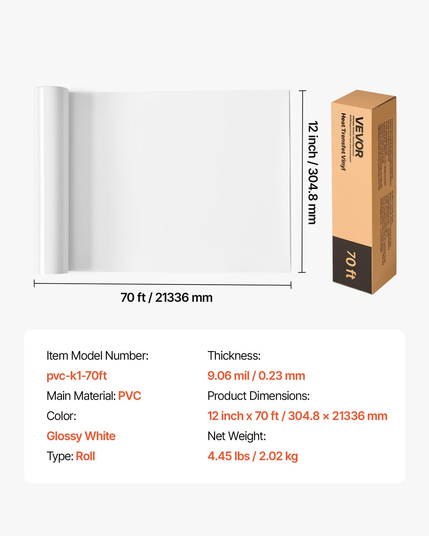 Värmeöverföringsvinyl, 304,8 x 21 336 mm, blank vit HTV-strykvinylrulle, lätt att skära och rensa bort, stark vidhäftning, kompatibel med skärmaskiner, för olika material, t-shirts, kuddar, hattar
