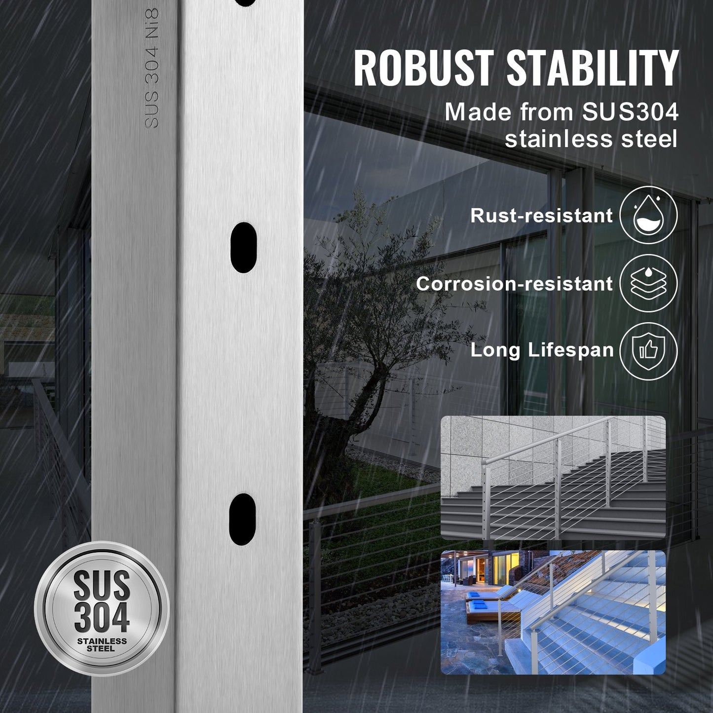 Kabelräckesstolpe, 36" x 1" x 2" stålräckesstolpe med horisontellt hål, 11 förborrade hål, kabelräckesstolpe i rostfritt stål SUS304 med horisontellt och böjt fäste, LGZYY91.42.551C3JV0