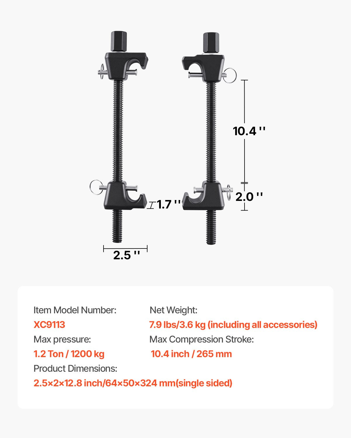 Fjäderbensspärr, 2-pack, kraftigt spiralfjäderspärrverktyg med 10,4 tum (256 mm) räckvidd, kompatibel med 0,86 tum (22 mm) sexkantshylsor, passar för bil lastbil motorcykel, svart