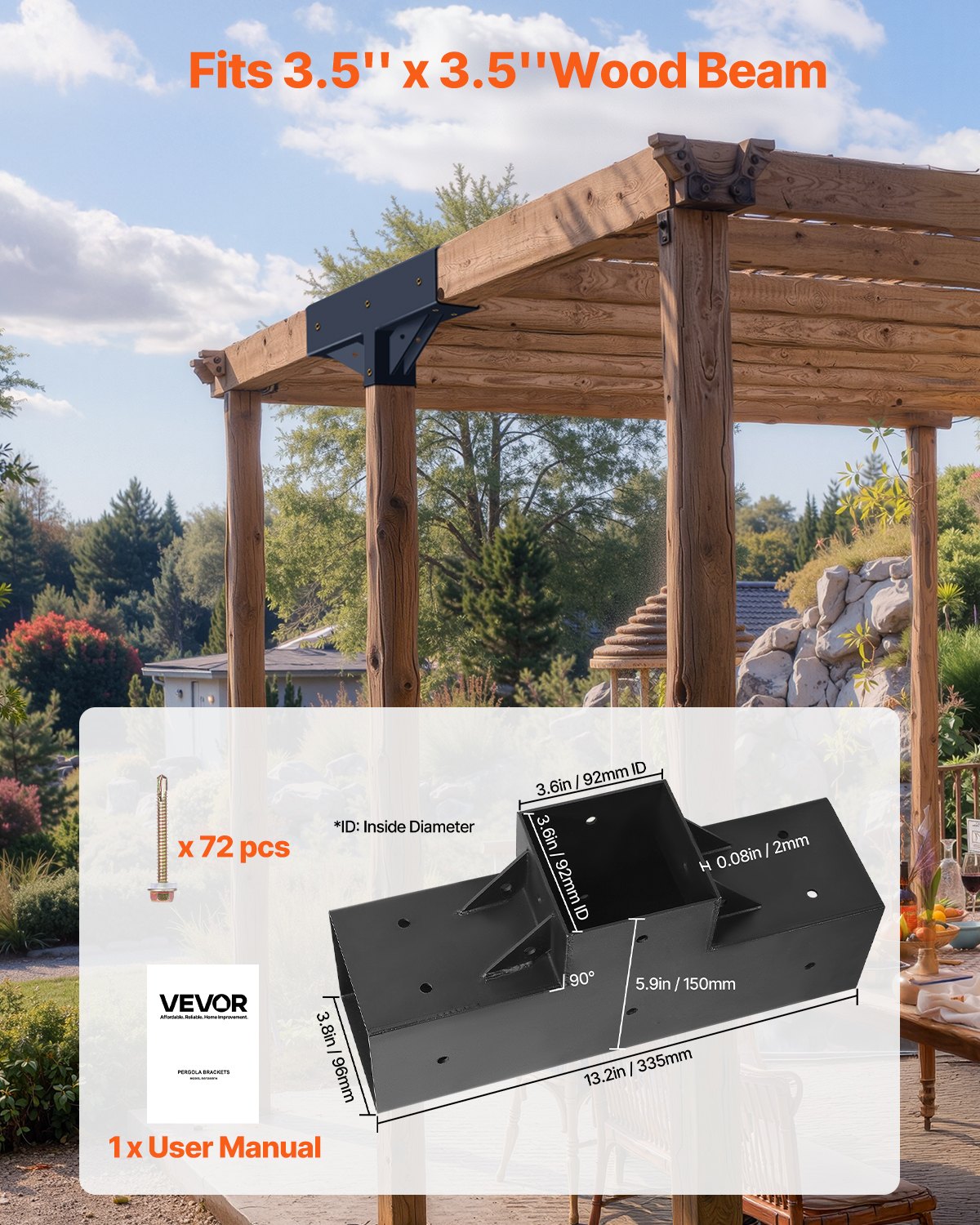 Pergola-kit 4-pack, T-formad 4x4 (faktiska 92 x 92 mm), 3-vägs pergolafästen DIY träbearbetning paviljongfäste-kit med skruvar för 92 x 92 mm träbalkar i verklig storlek för utomhusfest och bankett