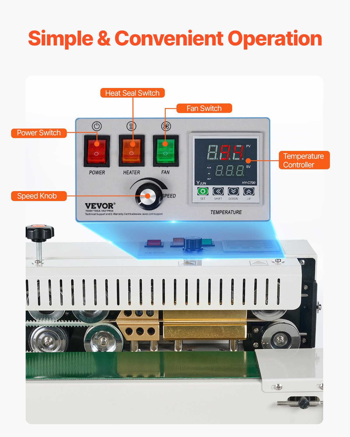 Kontinuerlig påsbandsförslutningsmaskin, 0,24-0,47 tum/6-12 mm förseglingsbredd, vertikal bandförslutningsmaskin med digital temperaturkontroll, påsförslutningsmaskin i kolstål för 0,02-0,8 mm plastpåsfilmer