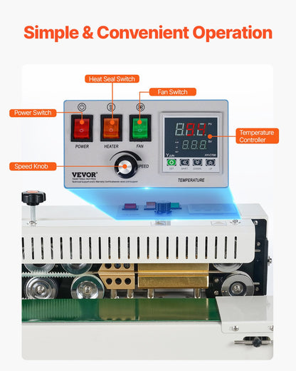Kontinuerlig påsbandsförslutningsmaskin, 0,24-0,47 tum/6-12 mm förseglingsbredd, vertikal bandförslutningsmaskin med digital temperaturkontroll, påsförslutningsmaskin i kolstål för 0,02-0,8 mm plastpåsfilmer