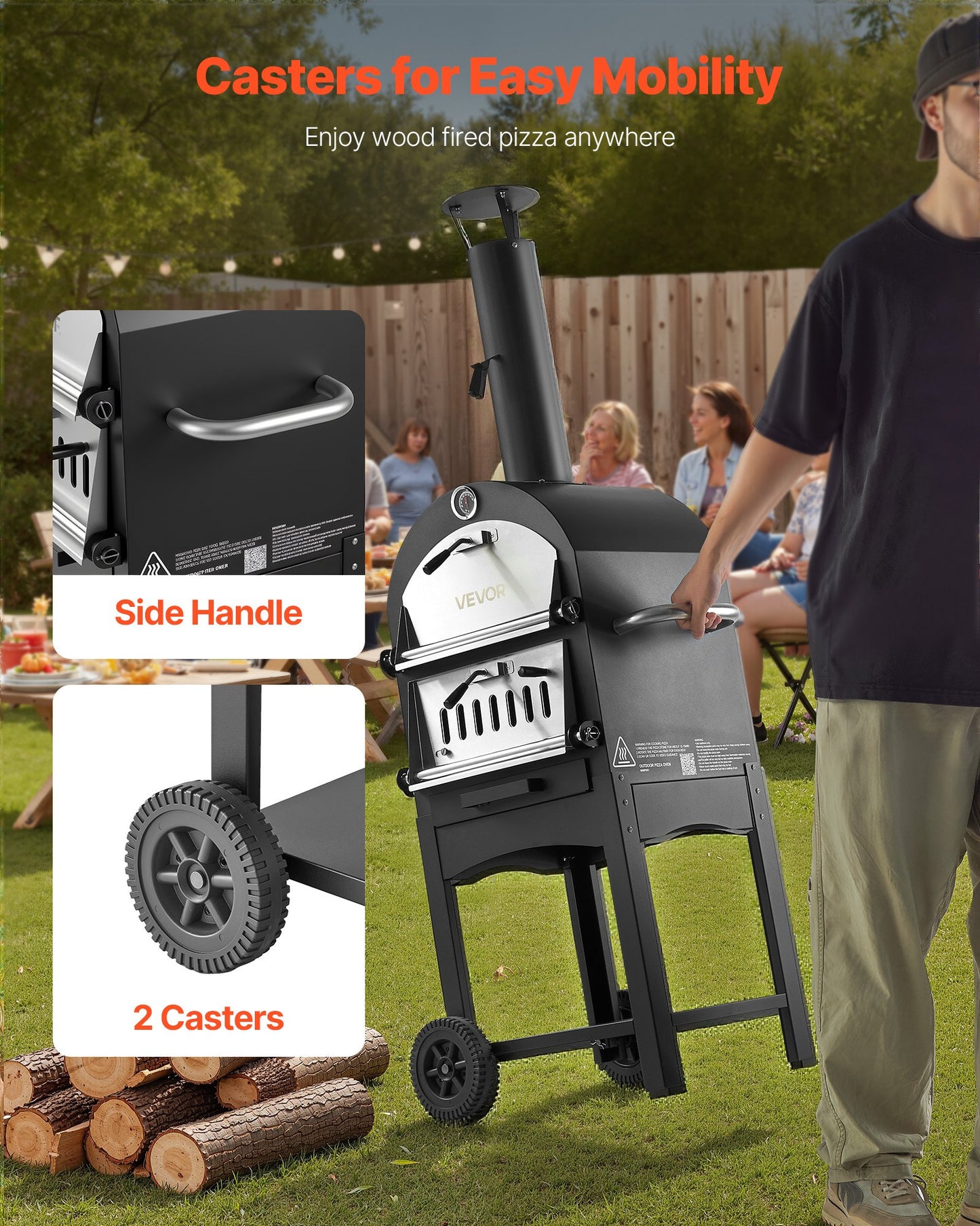 Utomhuspizzaugn, 12" pelletsugn, 2-lagers pizzaugn vedeldad, vedeldad utomhuspizzaugn med 2 avtagbara hjul, maxtemperatur 1000℉, pizzaugnar för grillning