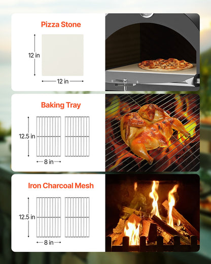 Utomhuspizzaugn, 12" pelletsugn, 2-lagers pizzaugn vedeldad, vedeldad utomhuspizzaugn med 2 avtagbara hjul, maxtemperatur 1000℉, pizzaugnar för grillning
