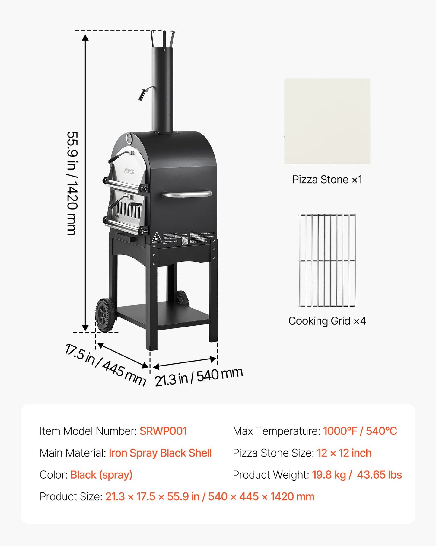Utomhuspizzaugn, 12" pelletsugn, 2-lagers pizzaugn vedeldad, vedeldad utomhuspizzaugn med 2 avtagbara hjul, maxtemperatur 1000℉, pizzaugnar för grillning