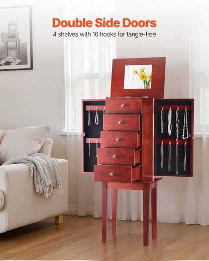 Smyckesskåp, stående smyckesförvaringslåda i trä med 4 rymliga lådor, fällbar spegel, 4 förvaringsfack upptill, handtag i zinklegering, 2 sidodörrar med 16 halsbandskrokar