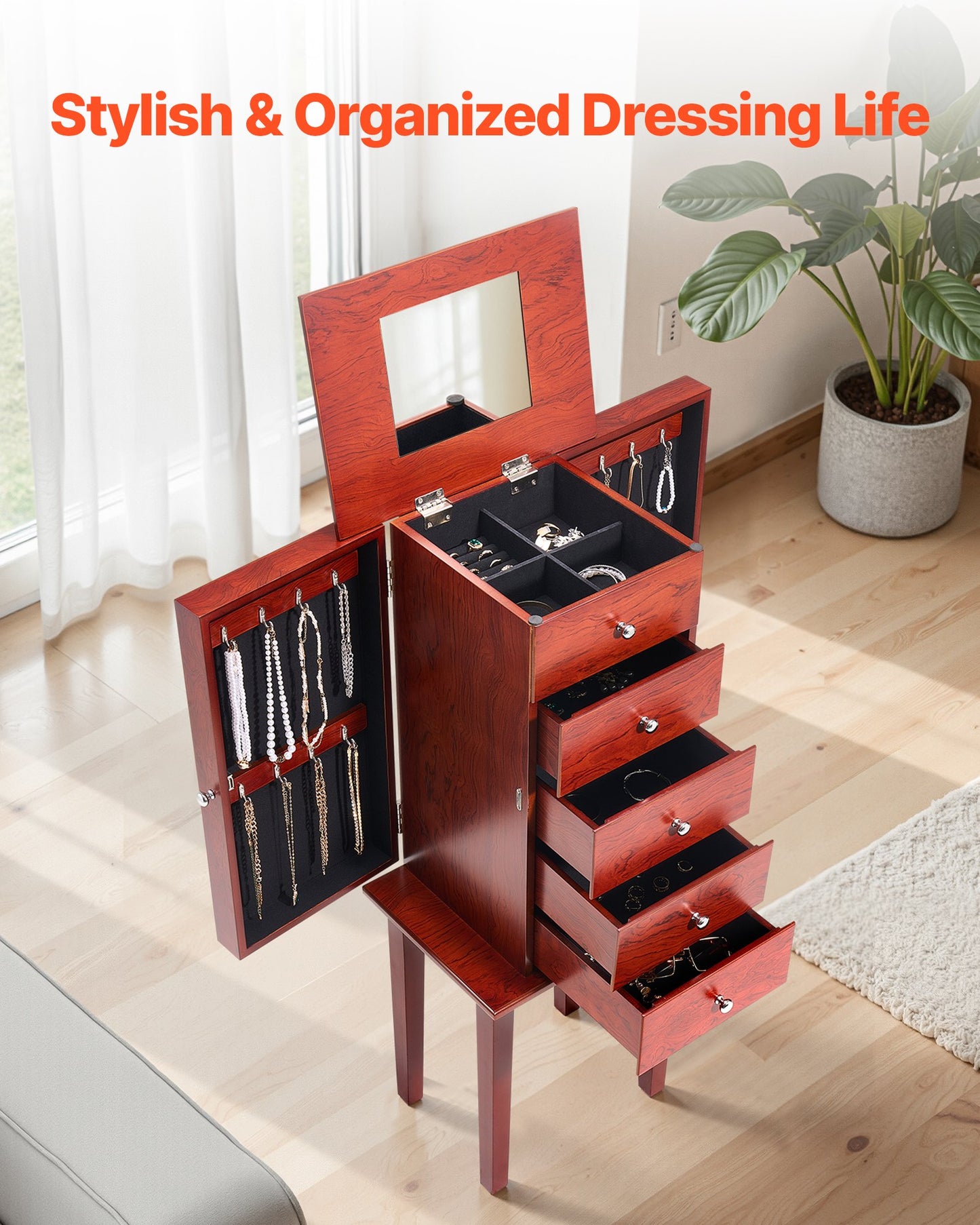 Smyckesskåp, stående smyckesförvaringslåda i trä med 4 rymliga lådor, fällbar spegel, 4 förvaringsfack upptill, handtag i zinklegering, 2 sidodörrar med 16 halsbandskrokar