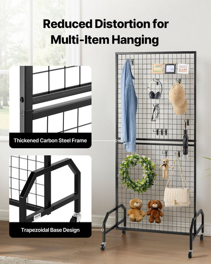 2-pack väggpaneler med rutnät, 898 x 1798 mm trådpaneler, displayställ, flyttbar konstdisplayhylla med hjul och 10 krokar, svart rutnät i kolstål för hantverksutställning, dekoration, förvaring, anslagstavla