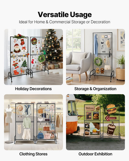 2-pack väggpaneler med rutnät, 898 x 1798 mm trådpaneler, displayställ, flyttbar konstdisplayhylla med hjul och 10 krokar, svart rutnät i kolstål för hantverksutställning, dekoration, förvaring, anslagstavla