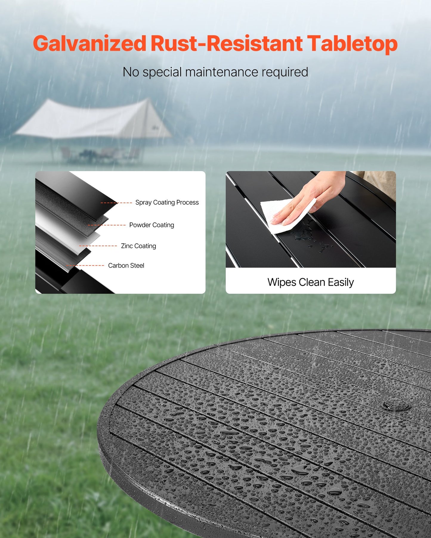 Matbord för utomhusbruk, 120 cm runda bistrobord i metall och stål, med 38 mm paraplyhål, stora utomhusmöbler i alla väder för gräsmatta/veranda, svart