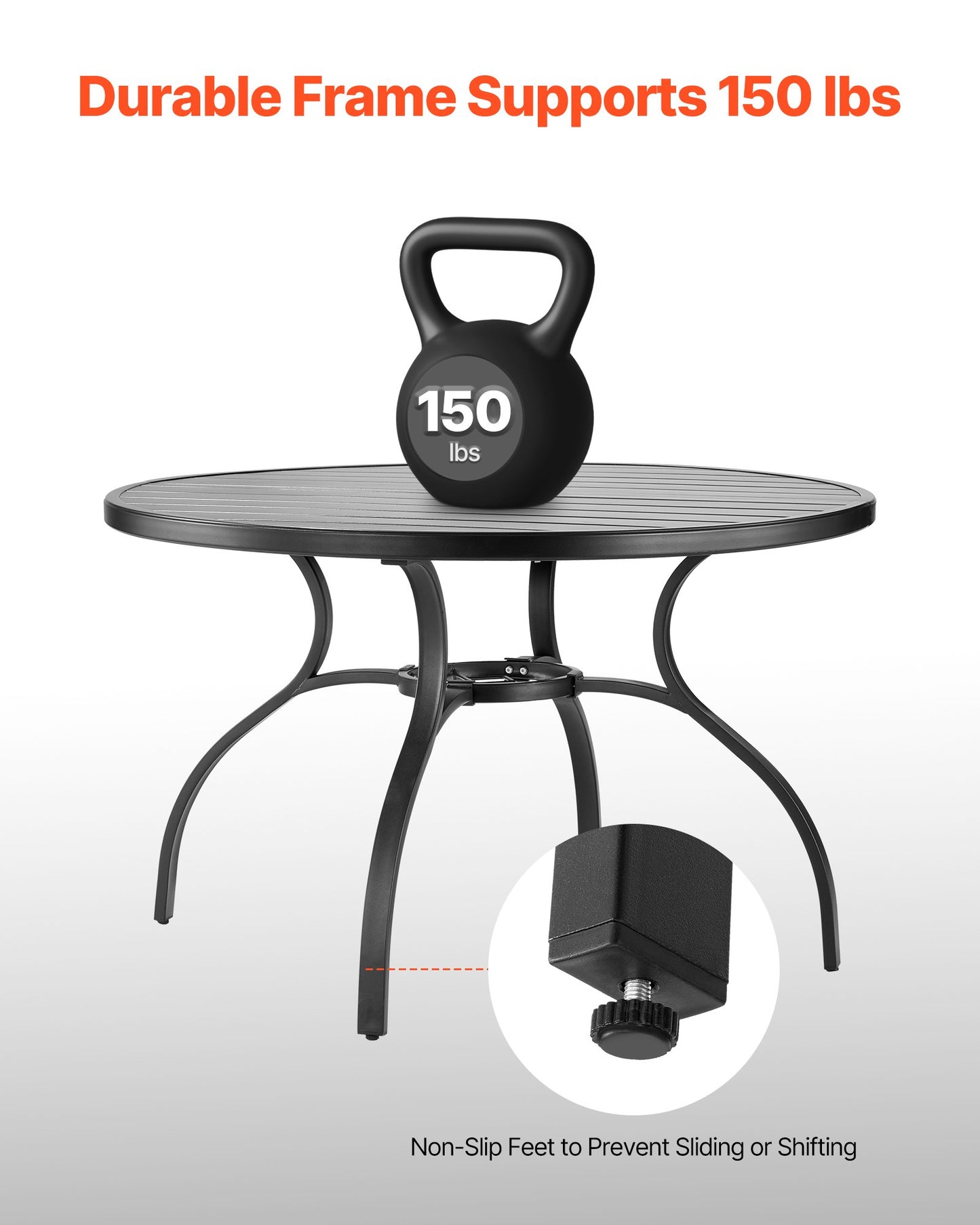 Matbord för utomhusbruk, 120 cm runda bistrobord i metall och stål, med 38 mm paraplyhål, stora utomhusmöbler i alla väder för gräsmatta/veranda, svart