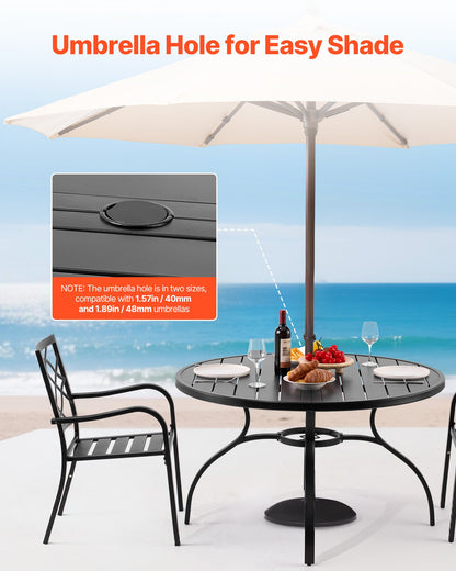 Matbord för utomhusbruk, 120 cm runda bistrobord i metall och stål, med 38 mm paraplyhål, stora utomhusmöbler i alla väder för gräsmatta/veranda, svart