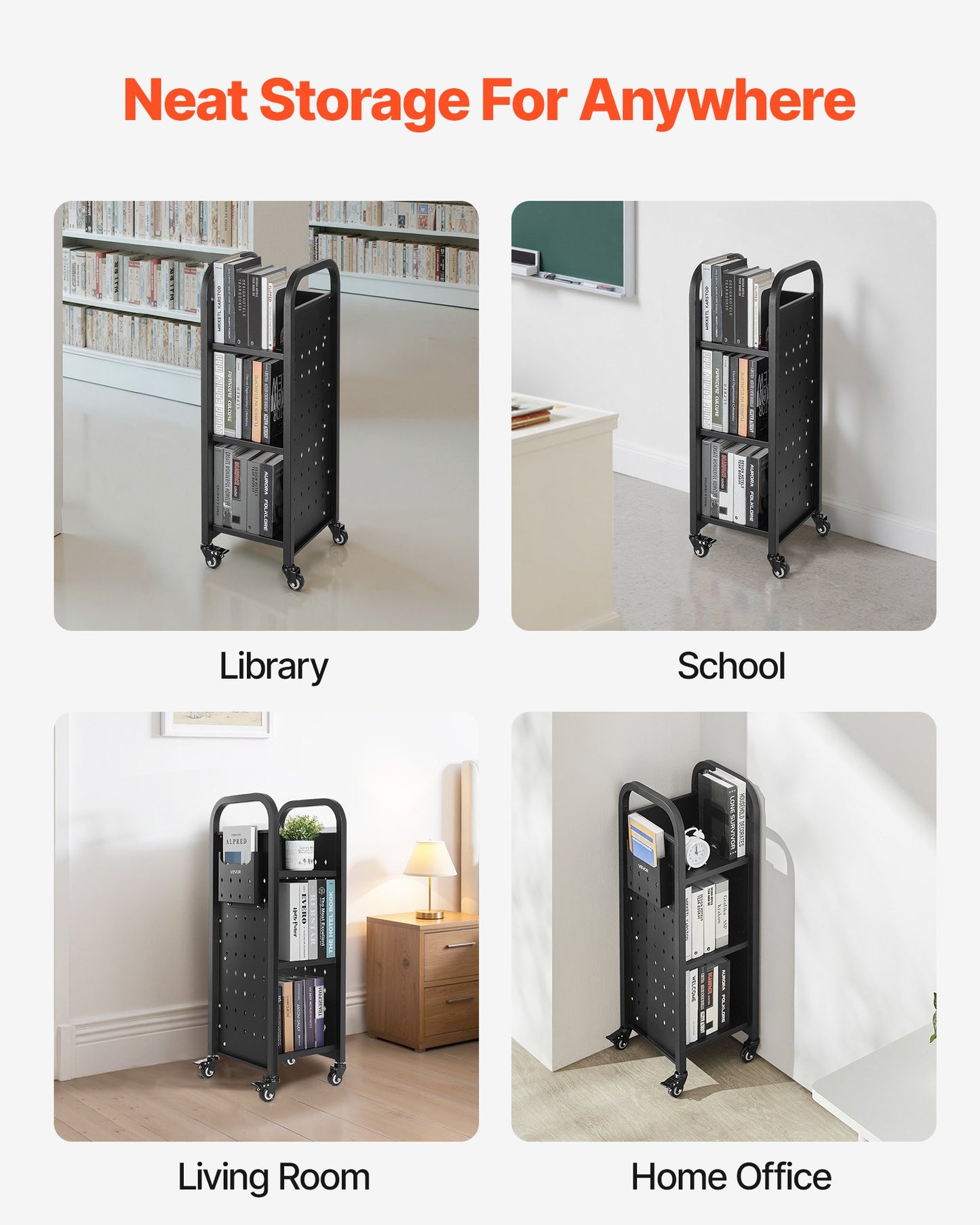 Rullande biblioteksbokvagn, 100 kg kapacitet, 32 x 35 x 93,5 cm biblioteksvagn, enkelsidiga L-formade hyllor med 50,8 mm låsbara hjul, bokvagn för hemhyllor, kontor och skola, svart