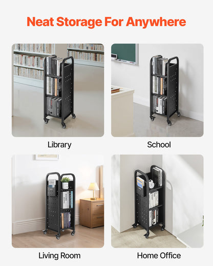 Rullande biblioteksbokvagn, 100 kg kapacitet, 32 x 35 x 93,5 cm biblioteksvagn, enkelsidiga L-formade hyllor med 50,8 mm låsbara hjul, bokvagn för hemhyllor, kontor och skola, svart