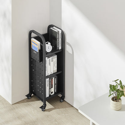 Rullande biblioteksbokvagn, 100 kg kapacitet, 32 x 35 x 93,5 cm biblioteksvagn, enkelsidiga L-formade hyllor med 50,8 mm låsbara hjul, bokvagn för hemhyllor, kontor och skola, svart