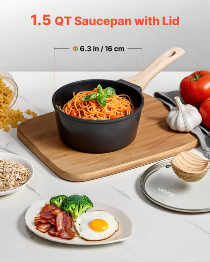 1,5 qt kastrull, nonstick-kastrull med härdat glaslock, mångsidig såsgryta med avtagbart handtag, kastrull för liten köksgryta med beläggning, induktionskompatibel, svart