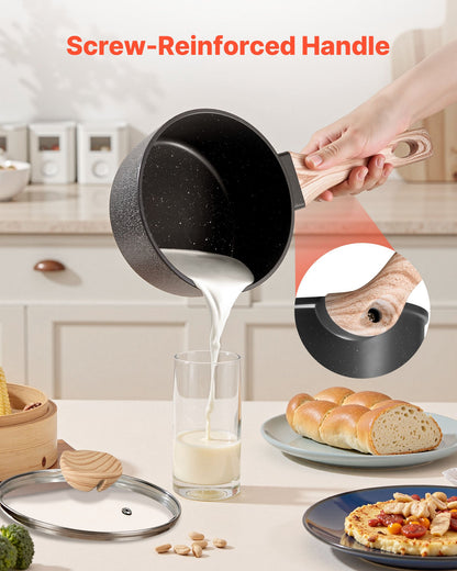 1,5 qt kastrull, nonstick-kastrull med härdat glaslock, mångsidig såsgryta med avtagbart handtag, kastrull för liten köksgryta med beläggning, induktionskompatibel, svart