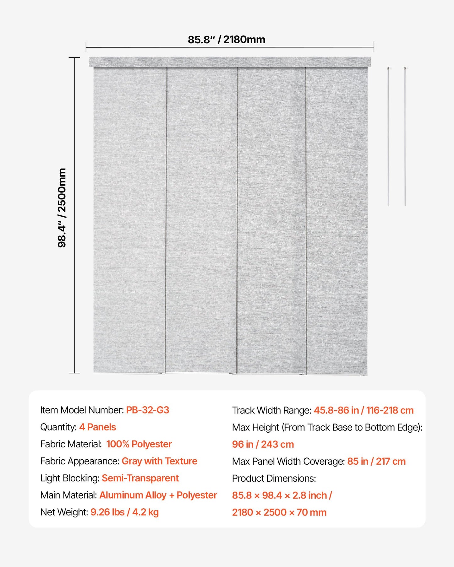 Panelgardiner, utdragbara skenor från 116 cm till 218 cm B, trimbara panelgardiner upp till 243 cm H, justerbara vertikala panelgardiner för skjutdörrar, altandörrar, rumsavdelare, fönster, grå