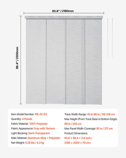 Panelgardiner, utdragbara skenor från 116 cm till 218 cm B, trimbara panelgardiner upp till 243 cm H, justerbara vertikala panelgardiner för skjutdörrar, altandörrar, rumsavdelare, fönster, grå