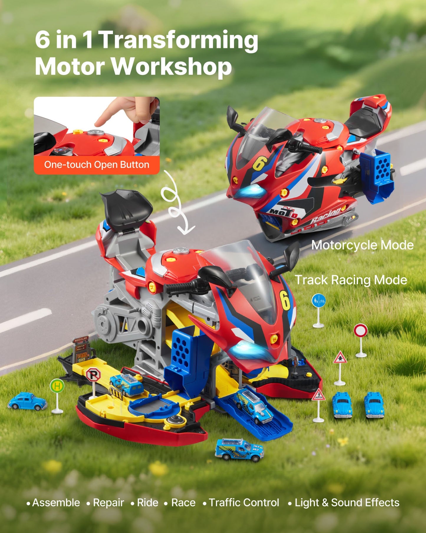 Motorcykelmotorleksak, 25 delar, motorcykelmekanikerleksak med avtagbara delar, ljus och ljud, simulerad körning och banracing, barnmekanikerverkstadsset för småbarn 3 år och uppåt, röd