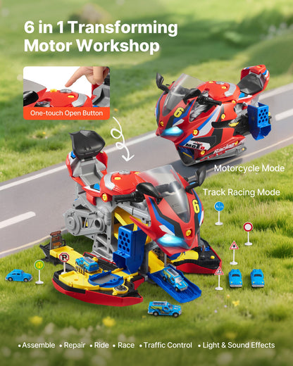 Motorcykelmotorleksak, 25 delar, motorcykelmekanikerleksak med avtagbara delar, ljus och ljud, simulerad körning och banracing, barnmekanikerverkstadsset för småbarn 3 år och uppåt, röd
