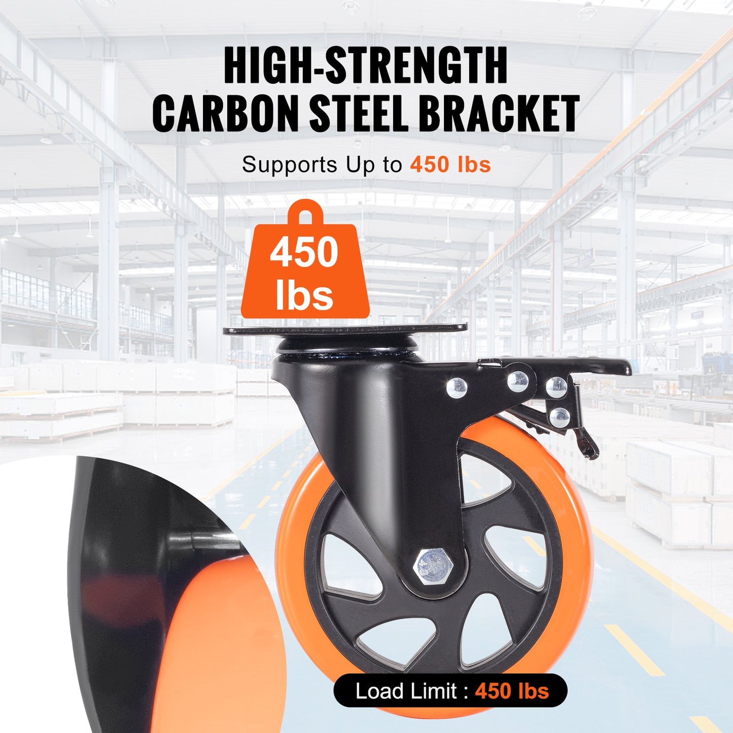 Hjul, 12,7 cm svängbara hjul, 4-pack, med säkerhetslåsning, tysta PVC-hjul, kraftiga, 204,1 kg lastkapacitet per hjul, icke-märkande hjul för arbetsbänk med vagnsmöbler