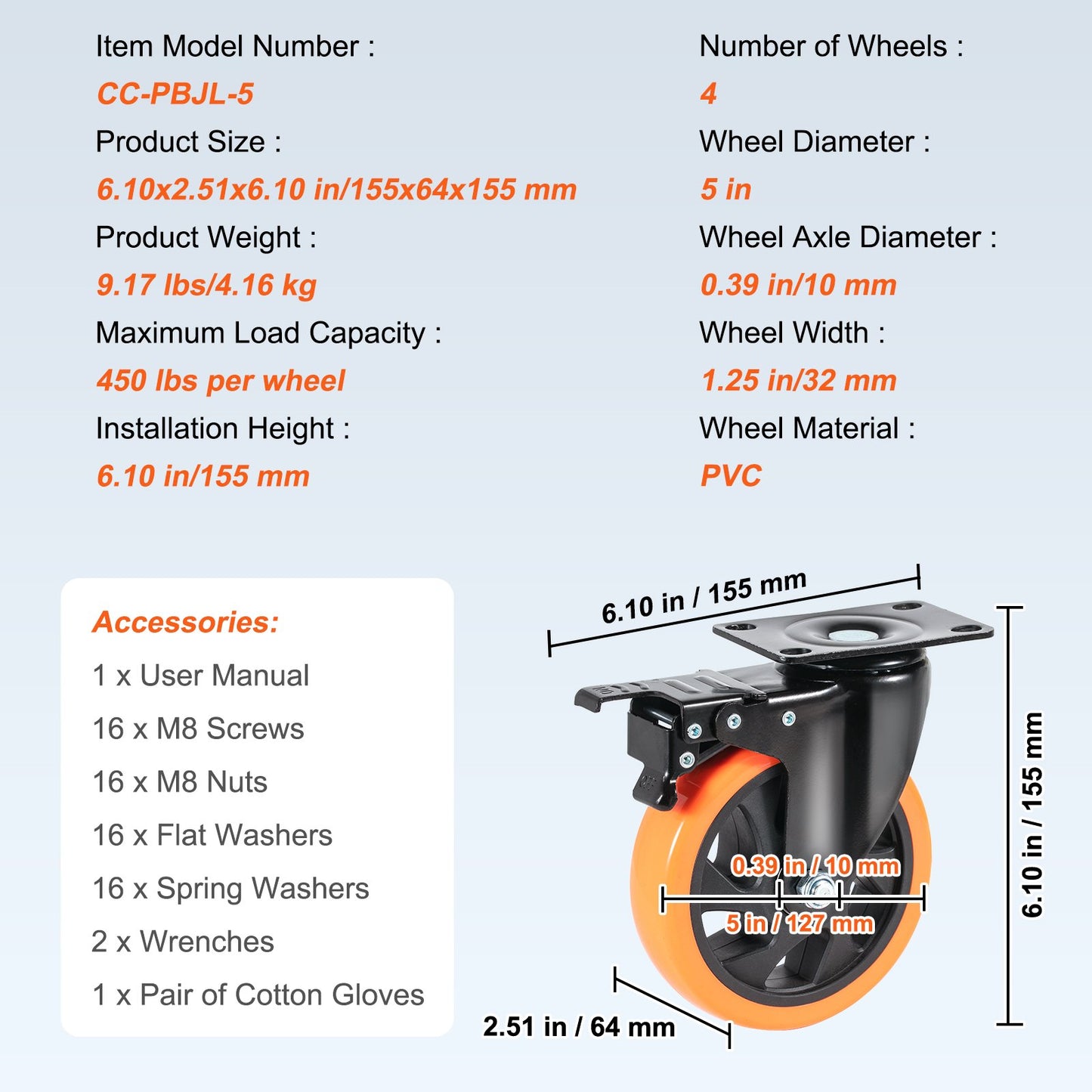 Hjul, 12,7 cm svängbara hjul, 4-pack, med säkerhetslåsning, tysta PVC-hjul, kraftiga, 204,1 kg lastkapacitet per hjul, icke-märkande hjul för arbetsbänk med vagnsmöbler